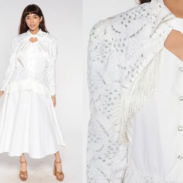 Fringe Western Dress White Rodeo Cowgirl Dress 80s Midi Silver Embroidered Button Up Keyhole Square Dance Long Puff Sleeve Vintage Medium 