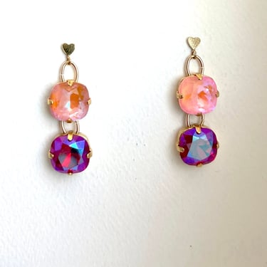 Pink Crystal Heart Drop Earrings with Swarovski Crystals 