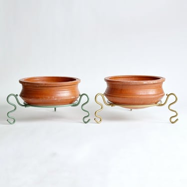 Terra Cotta Planters with Postmodern Metal Squiggle Stands, Gold & Turquoise-green, Buy Individually or as Set of 2, Vintage 1990's 