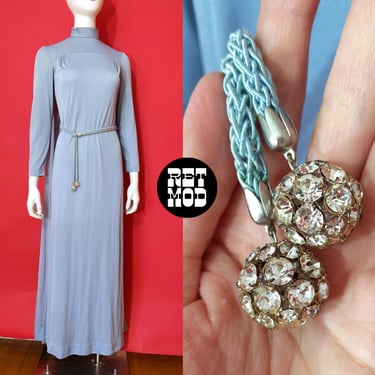 Gorgeous Vintage 70s Light Dusty Blue Long Sleeve Maxi Dress with Waterfall Back and Rhinestone Tie Belt 