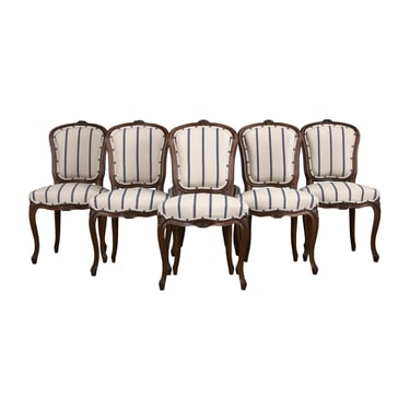 Antique French Louis XV Style Walnut Dining Chairs W/ Striped Fabric - Set of 6 