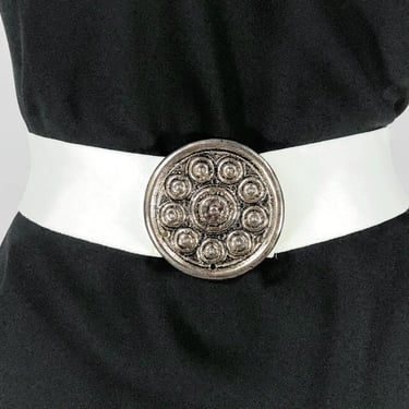 VINTAGE 80s Wide Cinch Stretch Belt with Bronze Medallion Buckle 29