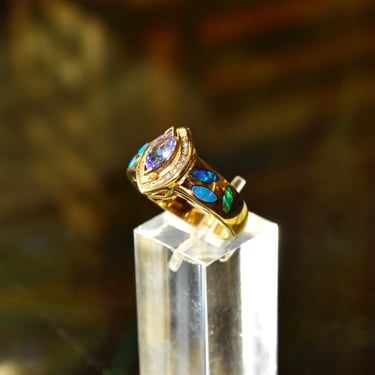 Vintage 14K Marquise Blue Topaz Diamond Pave Opal Inlay Ring, Dazzling Multi-Gemstone Cocktail Ring, 585 Yellow Gold, 7 1/2 US 