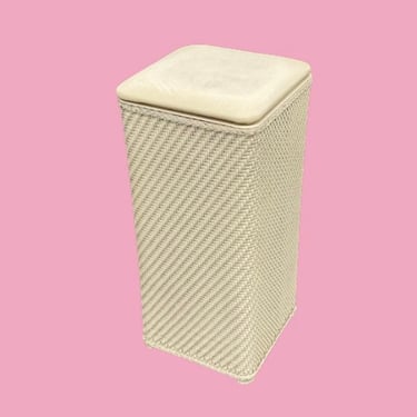 Vintage Laundry Hamper Retro 1980s Off-White + Woven Wicker + Vinyl Top + Dirty Clothes+ Storage and Organization + Bathroom or Bedroom 