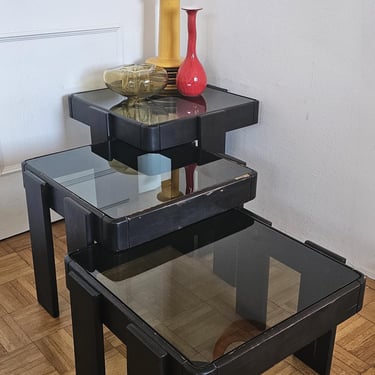 Set of Nesting Tables Designed by Gianfranco Frattini for Casina made in Yugoslavia Meblo/ 60' Italian Designed/ Wood and Smoked Glass Table 