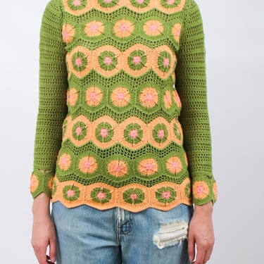 1970s Crochet Green and Peach Sweater