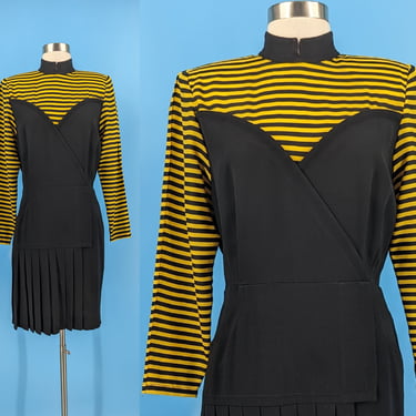 Vintage Eighties Roger Sakoun Paris Dress - 80s Black and Yellow Striped Long Sleeve Dress - Small / Medium 