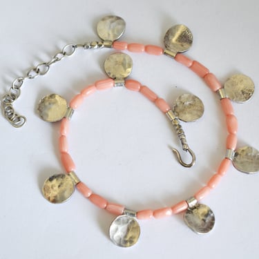 70's pink coral sterling sand dollars boho ankle bracelet, hammered 925 silver discs coral tubes hippie anklet 