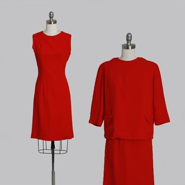 60s red wool suit | Vintage 1960s red 2pc shift dress + top suit | Mid century Modern 2pc dress suit 