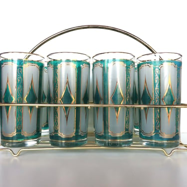 Set of 8 Atomic Diamond Starburst Cocktail Glasses WIth Holder, Vintage Turquoise And Gold 1950s Barware 