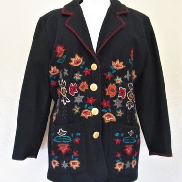 Vintage 1980s Monsoon Embroidered Jacket, Size 10 US Women, Boho, black wool blend, multicolor embroidery 