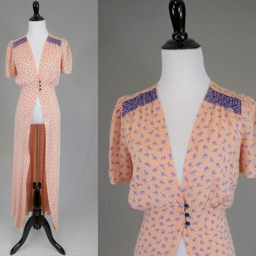 30s 40s Pink Blue Duster - Small Flowers - Ruching - Open Front Below Waist - Dressing Gown Overdress - Vintage 1930s 1940s - XS 24" waist 