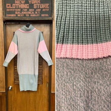 Vintage 1980s Pink & Grey Knit New Wave Chunky Turtle Neck Sweater Dress, 1980s Dress, Vintage Sweater Dress, Vintage Knit Dress, TurtleNeck 