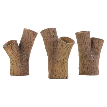 A set of three French tabletop faux bois cast stone planters, C. 1950.