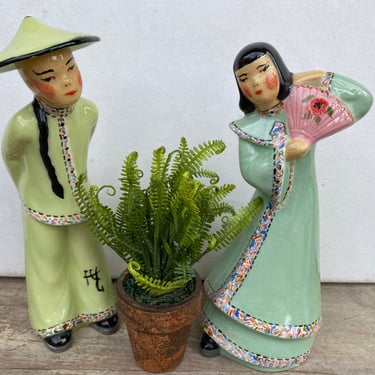 40's Vintage Asian Figurines, Hand Painted Man And Woman, Mid Century Modern, Signed By Kleine 1949, California Kitsch Decor 