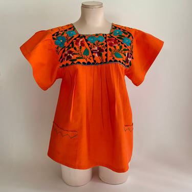Orange Peasant Blouse - Floral Hand Embroidery - 1970's Boho Bohemian Hippie - All Cotton - Beautiful colors - Size Medium 
