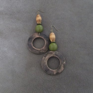 Oversized wooden mid century modern earrings, green 