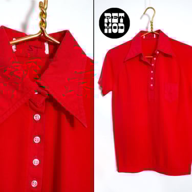 Vintage 60s 70s Red Short Sleeve Collared Nylon Shirt with Pocket 