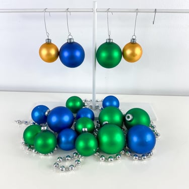 Vintage Matte Blue, Green & Gold Christmas Tree Ornament, Large Lot two sizes Balls Green blue, MCM Atomic, Holiday Luxury Metallic, Retro 