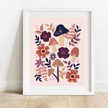 Mushrooms and Flowers Art Print/ 8 X 10 Botanical Illustration/ Modern Woodland Floral Wall Art 