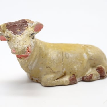 Vintage Italian Creche Bull or Cow, Hand Painted Clay Farm Animal for  Christmas Putz, Italy 