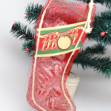 Antique Christmas Mesh Stocking, Merry Christmas Banner with Toy Soldiers, Vintage Candy Container Ornament 