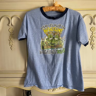Vintage ‘70s Handsome Prince ringer tshirt | blue Heather ringer tee, poly cotton, USA 
