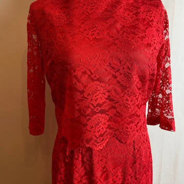60’s Coral red  lace dress~ pencil skirt with cropped layered top~ 1960’s Mod Retro set/suit Valentine’s Day dress size 27” waist 
