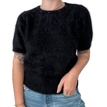 Vintage Womens Rosamela Black Angora Blend Fluffy Soft Short Sleeve Sweater Sz M 