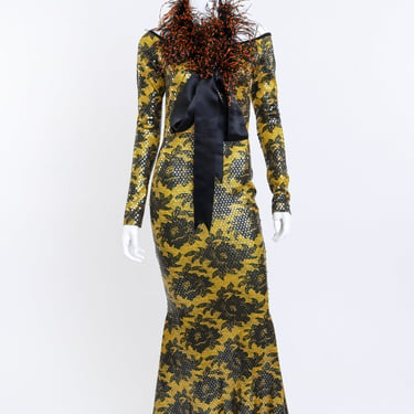 Floral Sequin Gown & Feather Boa Set