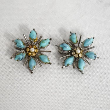 1960s Star Faux Turquoise Flower Clip Earrings 