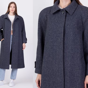 80s Herringbone Wool Overcoat - Large | Vintage JG Hook Dark Slate Blue Oversize Long Button Up Winter Jacket 