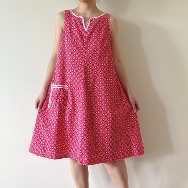 vintage dress tent dress sun dress midi dress red geometric handmade dress cotton white 70s retro vintage style a line dress size S/M 