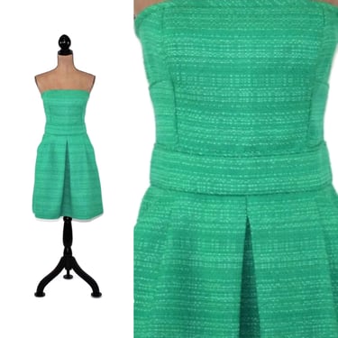 Green Strapless Dress Medium, Fit & Flare Midi Dress with Pockets, Cotton Party Dress Size 10, Y2K Clothes Women Vintage Banana Republic 