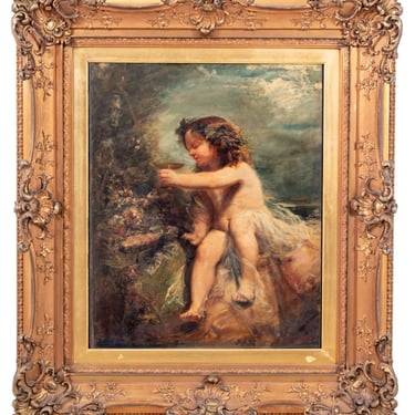 Illegibly Signed Cherub Drinking Oil on Canvas