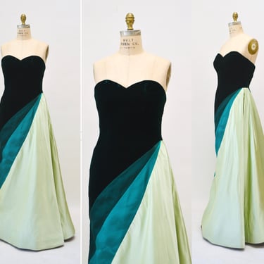 Vintage Bob Mackie Dress Strapless Evening Ball Gown XS Small Green Velvet Strapless Gown Dress For Holiday Party Black tie Party Dress 