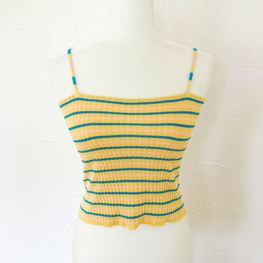 90s Yellow Blue and Light Pink Striped Ribbed Cropped Knit Top | Small/Medium 