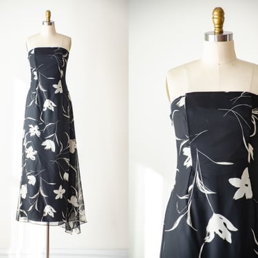 black strapless dress | 90s y2k vintage Jessica McClintock black white floral chiffon high slit flowy floor length gown 
