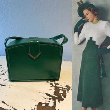 On Her Shopping Sprees - Vintage 1940s Dark Forest Green Faux Leather Box Bag Handbag Purse 