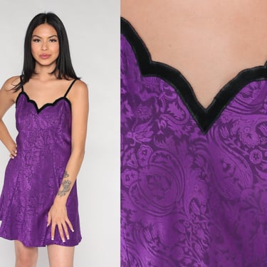 Victoria's Secret Slip Dress 90s Purple Embossed Paisley Bird Nightgown Mini Lingerie Slip Vintage Spaghetti Strap 1990s Medium 