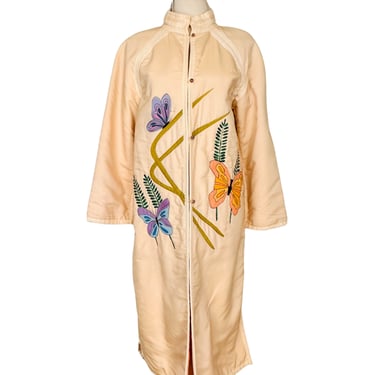 Vintage Art to Wear Ivory Silk Quilted Coat w/Handpainted Butterflies