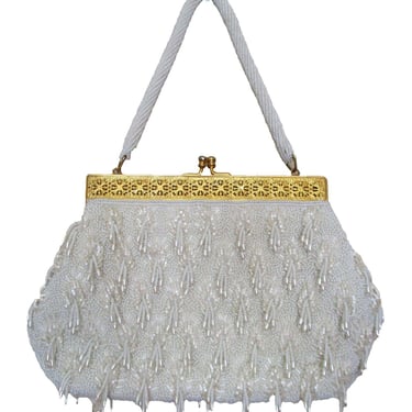 Vintage 1950s Beaded Evening Purse Bag White Bead Fringe Gold Metal Frame 