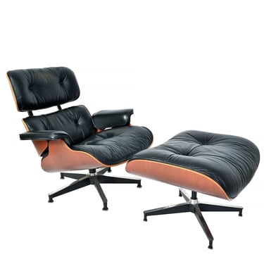Herman Miller Eames Black Leather Lounge Chair & Ottoman in Cherry Mid Century Modern 