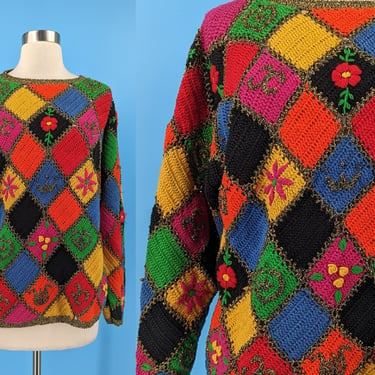 90 Handknit for The Limited Medium Colorful Pullover Sweater - Nineties Crochet Granny Square Sweater 