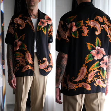 Vintage 80s Bellows Brut Le Garage Black Floral & Paisley Camp Collar Shirt | Made in France | 100% Rayon | 1980s French Designer Mens Shirt 