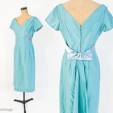 1950s Blue Evening Dress | 50s Turquoise Bridesmaid Dress | Blue Silk Sateen Dress  | Medium 