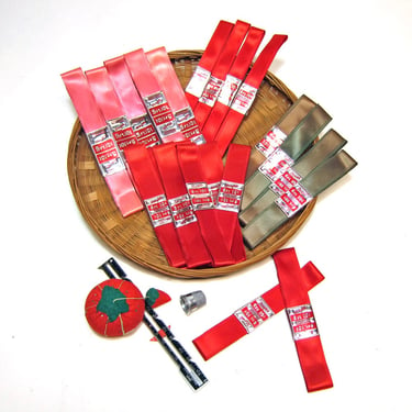 1950s Wrights ribbon lengths with original labels - red, pink, green - 22 packages 