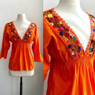 70's Vintage Mexican HAND EMBROIDERED Floral Gauze Top / Deep V-Neck 