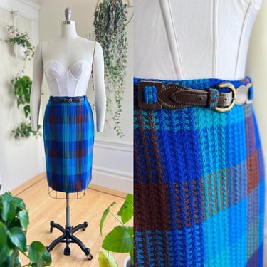 Vintage 1950s Pencil Skirt | 50s Plaid Wool Blue Green High Waist Matching Belt Pin Up Wiggle Skirt | medium 