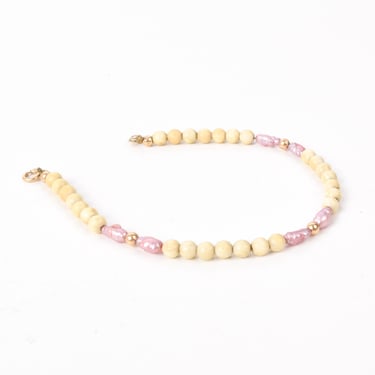 White Onyx Beaded Bracelet with 14K Gold Beads and Pink Freshwater Pearls, Vintage Beaded Bracelet, 6 1/2 Inches 